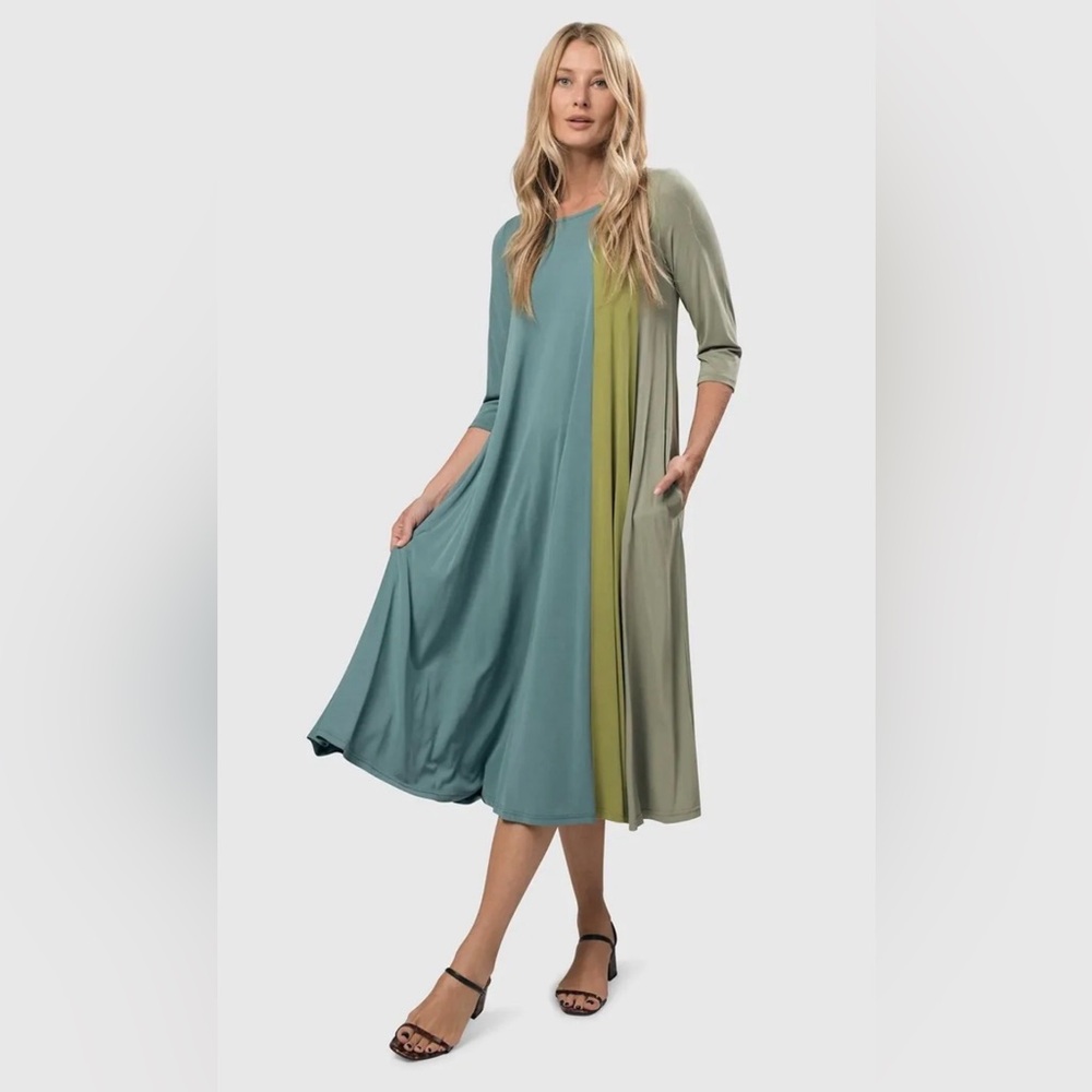 ALEMBIKA TRICOLOR TRAPEZE MAXI DRESS, TEAL/CELERY